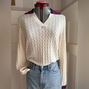 Mango Cream V‑Neck Knit Sweater with Blue & Red Stripe Trim Preppy Small